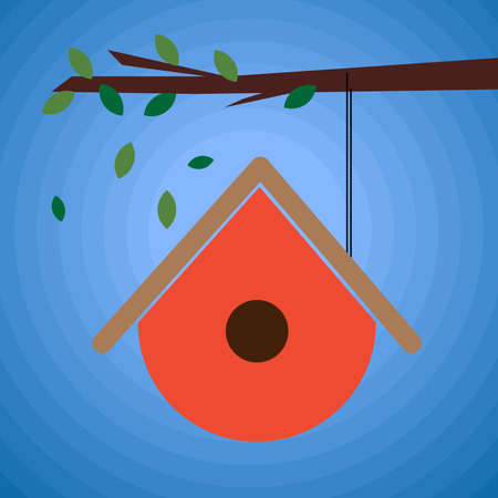Red birdhouse on branch on clear skyのイラスト素材