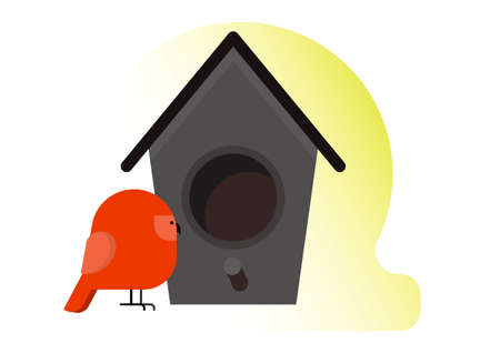 Cute bird in front birdhouse. Flat design styleのイラスト素材