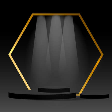 Black stage pedestal and striped gold luxury for cosmetics product display show. Vector illustration.のイラスト素材