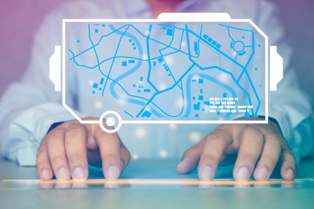 Man using a virtual reality keyboard for a search map develops a new worldwide supply chain, globe,...