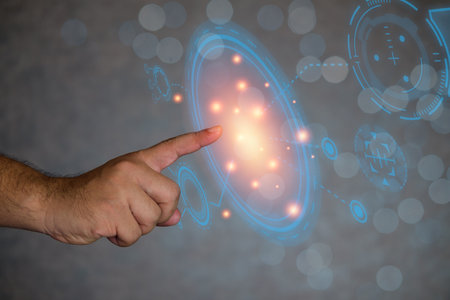 Touching digital screen with finger icon on virtual screen futuristic interface