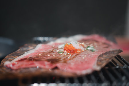 Japan beef grilled on oba leaves in stove. Close upの写真素材