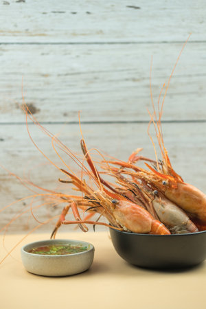 The steam cooked of fresh water prawn, Close upの写真素材