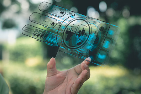 Earth hologram and eco energy hud, technology and resources and green city or industrial plant on...