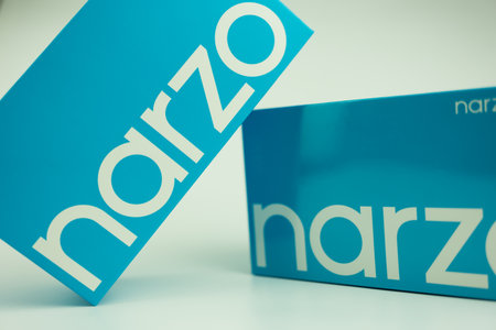 Samut Prakan, Thailand - October 27, 2022 : Realme Narzo 50 5G, an affordable smartphone accessible...