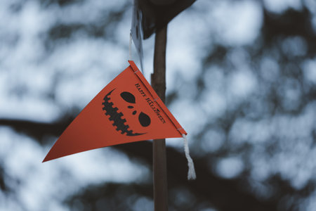 Cute Halloween flags garlands decorations hanging on a tree. Close upの写真素材