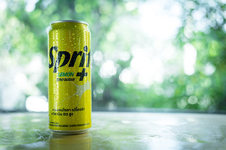 Samut Prakan, Thailand - October 30, 2022 : Can of the new "Sprite" Lemon Plus, no sugar and no calories size 325ml from Coca-Cola Business Group in Thailandのeditorial素材