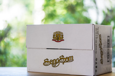 Samut Prakan, Thailand - October 30, 2022 : A box of liquor Thai whisky bottle brand Sangsom,...