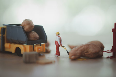 Miniature people harvest cashews for import or export. The concept of small business.