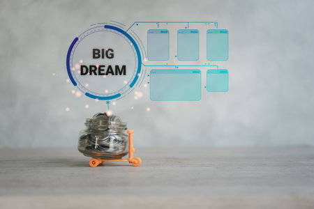 Coins in a glass jar with 'Big Dream' text and an empty diagram for text. Saving money for planning the big dream, the concept of saving money.の写真素材