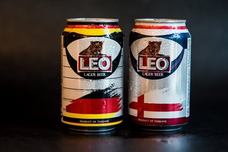 Samut Prakan, Thailand - November 13, 2022 : Launches a special edition beer can of FIFA limited edition, FIFA World Cup 2022, Leo beer created by Boon rawd brewery co.,ltd in Thailandのeditorial素材