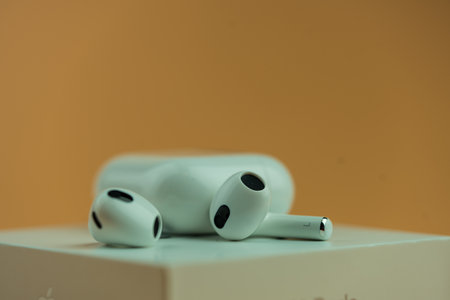 Bangkok, Thailand - November 15, 2022 : AirPods 3 generations. Headphones from the apple company close-upのeditorial素材