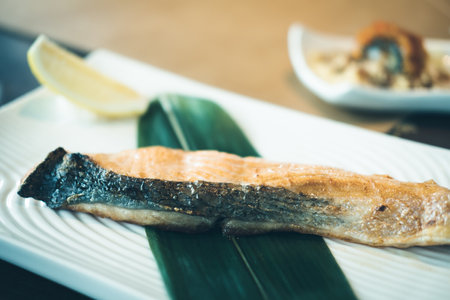Grilled Ssalmon steak on plate. Japanese food styleの写真素材