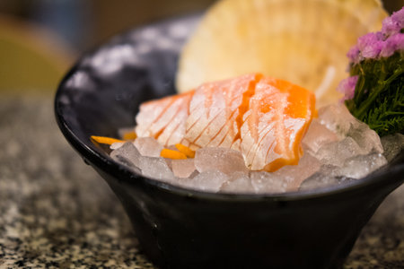 Fresh of salmon sashimi served on iced eating with wasabi. A famous Japanese menu.  Many omega 3 dish.の写真素材
