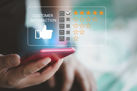 User gives rating to service experience on online application, Customer review satisfaction feedback survey concept, Customer can evaluate quality of service leading to reputation ranking of business.の写真素材
