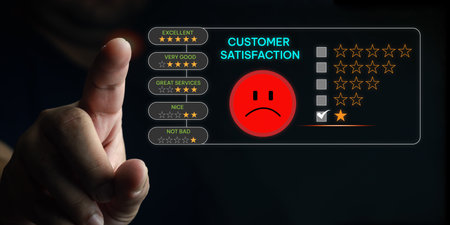 Customer review negative rating concept. Man choosing a 1-star rating review in the survey. Poor rating, Negative customer feedback testimonial.の写真素材