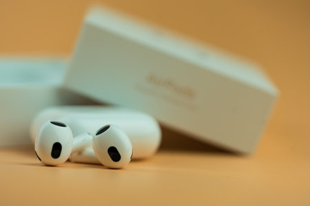 Bangkok, Thailand - November 21, 2022 : AirPods 3 generations. Headphones from the apple company...