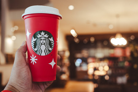 Bangkok, Thailand - November 22, 2022 : A specially designed glass in Christmas 2022. Special for Starbucks Rewards members when purchasing any Starbucks beverage over 16 ounces.のeditorial素材