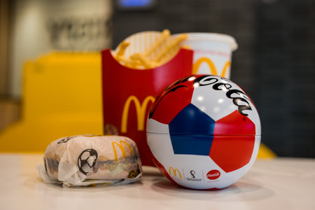 Bangkok, Thailand - November 28, 2022 : World cup collection from McDonald pleases football fans with a special World cup collection. get free for buy FIFA Burger Set, with 6 designs to choose fromのeditorial素材