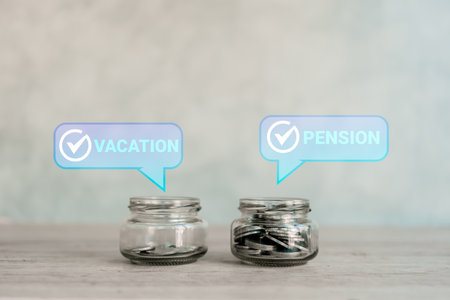 Coins in jars for savings for vacation and pension. Money in glass jars and purpose for savings...