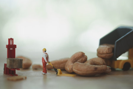 Miniature people harvest cashews for import or export. The concept of small business.