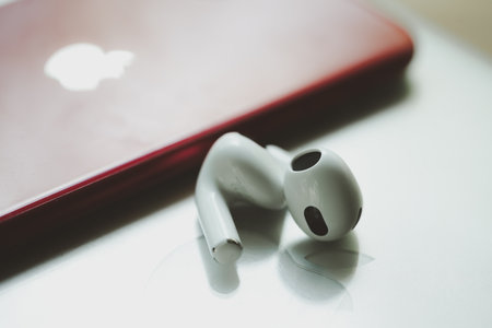 Bangkok, Thailand - December 10, 2022 : Closeup of new wireless headphones apple AirPods 3のeditorial素材