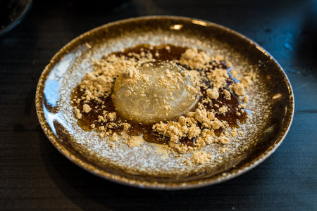 Close up water cake (The water drop dessert mizu shingen mochi or Yamanashi Mochi). Japanese style...