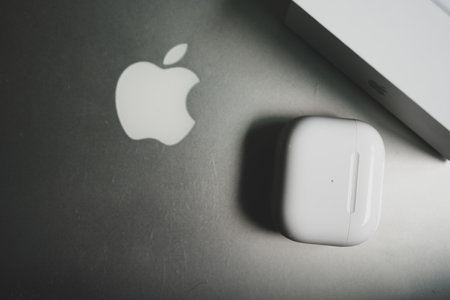 Bangkok, Thailand - November 26, 2022 : Wireless Charging Case. New Airpods. Airpods 3. EarPods. Top viewのeditorial素材