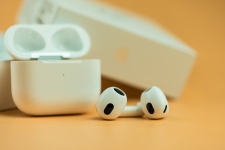 Bangkok, Thailand - December 13, 2022 : Close up of AirPods 3 generations. Headphones from the apple company.のeditorial素材