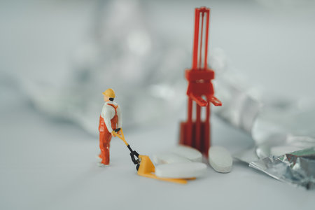 Miniature people: Workers help to moving or manage drug. Image use for health check concept.の写真素材