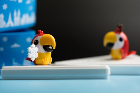 Bangkok, Thailand - December 14, 2022 : Blue cut box with white lid and bird mascot from Cafe Amazon. Souvenir gets free for a customer two drink order at cafe amazon.のeditorial素材