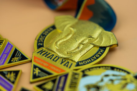 Nakhon Ratchasima, Khaoyai, Thailand - December 25, 2022 : The medal of the mini-marathon 10.5k running finisher from the event Khaoyai Marathon, continuously for 5 years.のeditorial素材