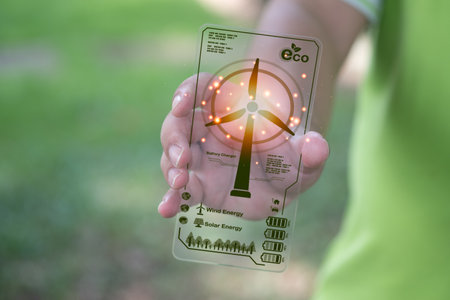 The concept of renewable energy and energy efficiency. A man show icon renewable energy and energy readings from wind turbines. Save world, sustainable environment.の写真素材