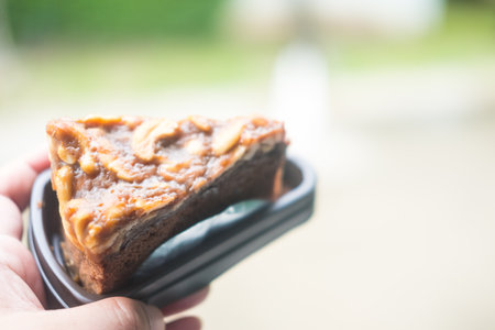 Chocolate cake brownies with cashew nuts on top in a brown plastic pack for send to the customerの写真素材