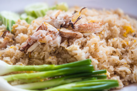 Delicious crab fried rice and green onion. Close upの写真素材