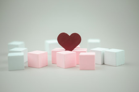 Red heart shaped wooden block. The concept of Valentine day. Red heart shape as a gift to show love...
