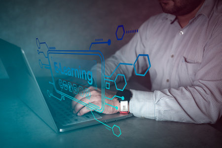 Man use computer for attend online lessons on a digital virtual screen. Education internet...