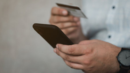 Man do online shopping use credit card and smart phone. Cashless payment, easy quick money transfer...