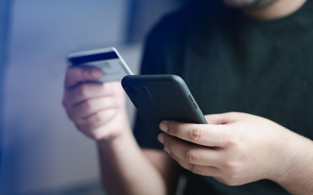 Mobile payment with wallet app technology, Digital money transfer, banking. Man do online shopping...