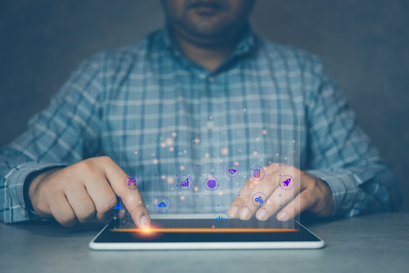 Hand touching digital tab with transformation change management, internet of things. New technology...
