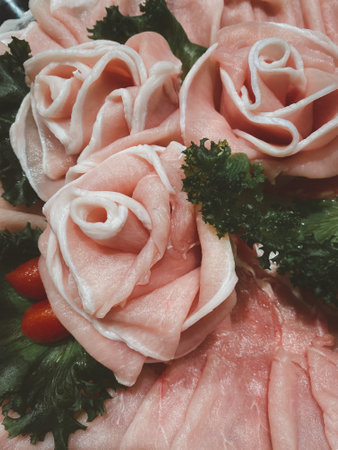 Raw pork with rose shape. Close up