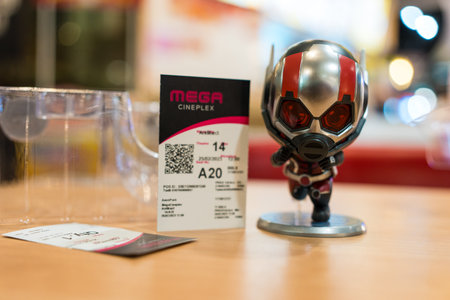 Samut Prakan, Thailand - Feb 25, 2023: Cute toy model Ant-Man. Movie Ant-Man 3 and the Wasp : Quantumania displays at the theater from Major Cineplex. It is the most popular cinema in Thailand.のeditorial素材
