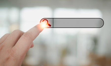 Searching browsing internet data information networking concept. Man hand touch searching box. Search Engine Optimization (SEO). Data search engine optimizes browser search global internetの写真素材