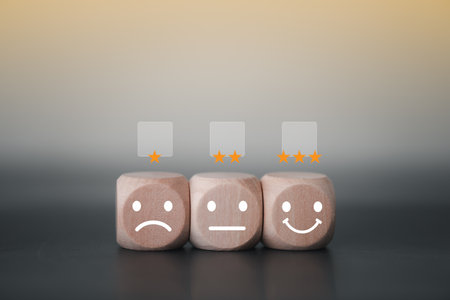 Wooden blocks with face symbol with empty check box, Customer experience, satisfaction and services rating concept. Survey feedback. Questionnaire form. Review, Rating Satisfaction conceptの写真素材