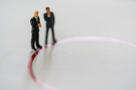 Miniature people businessman standing on a line border of a circle with copy space. Investment analysis, investment to thinking and planning. Performance as background strategy and business conceptの写真素材