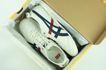 Bangkok, Thailand - March 4, 2023 : A new shoes Onitsuka Tiger in box. Model Onitsuka Tiger MEXICO...