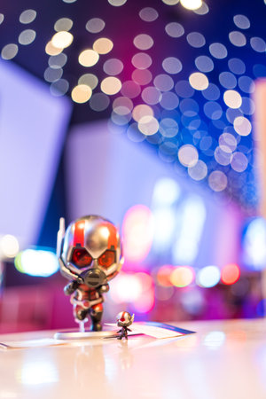 Samut Prakan, Thailand - Mar 4, 2023: Cute toy model Ant-Man. Movie Ant-Man 3 and the Wasp : Quantumania displays at the theater from Major Cineplex. It is the most popular cinema in Thailand.のeditorial素材