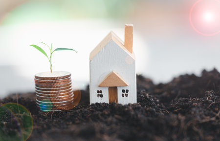 Plant are growing on coins with house wood models on the soil. Plant growth ideas and environmentally friendly investments. Real estate investment, Property tax and real estate market growthの写真素材