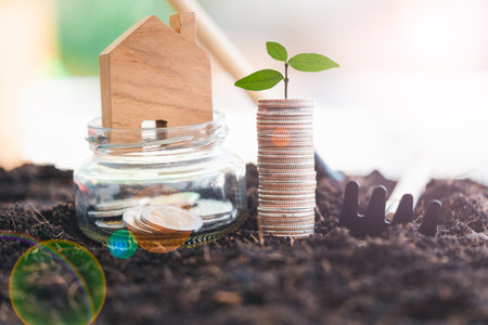 Business and financial loans for homes concept. Tiny house and stack money coins a tree growing on stacked coins on soil. Money, saving and investment or family planning concept.の写真素材