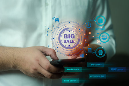 Man shopping online using phone with many promotion from shopping online. Ecommerce, fashion and technology. Big sale promotion discount consumer shopping concept. Black Friday for adの写真素材